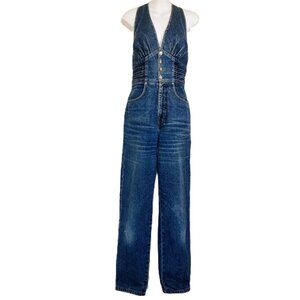 Fitted Denim Overalls V-Neck Jean One-Piece Jumpsuit Vintage 90s